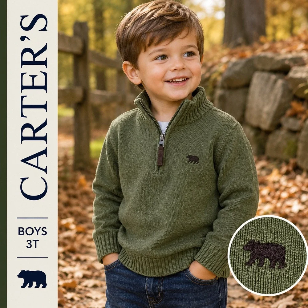 Carter's Quarter Zip Sweater Toddler 3T Olive Green Bear Logo Cotton Winter